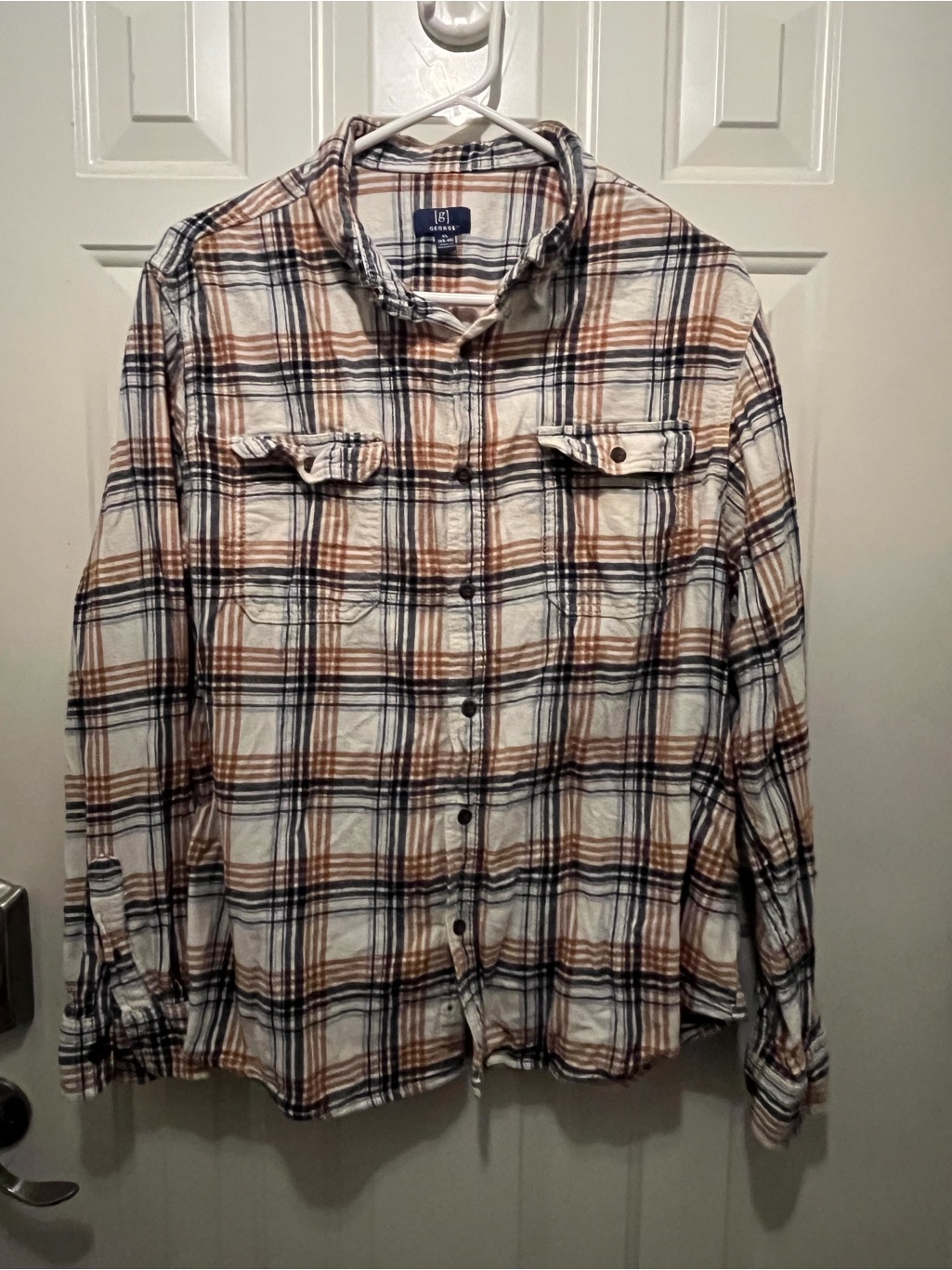 George Plaid Button-Up Shirt In White, Brown & Navy